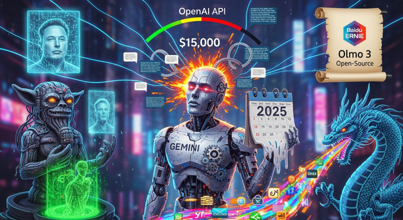 A futuristic digital art collage depicting the competitive landscape of Artificial Intelligence in 2025. At the center, a powerful robot labeled "GEMINI" holds a calendar for the year 2025, with its head exploding with energy. Above the robot, a meter for the "OpenAI API" points to a high cost of $15,000. On the right, a blue Chinese dragon breathes a vibrant stream of application icons, while a scroll highlights "Baidu ERNIE" and the open-source model "Olmo 3". To the left, a gremlin-like cyborg observes holographic portraits of Elon Musk and a glowing green digital human. The entire scene is set against a neon-lit, cyberpunk city with interconnected data lines, symbolizing the global race and interconnectedness of AI development.